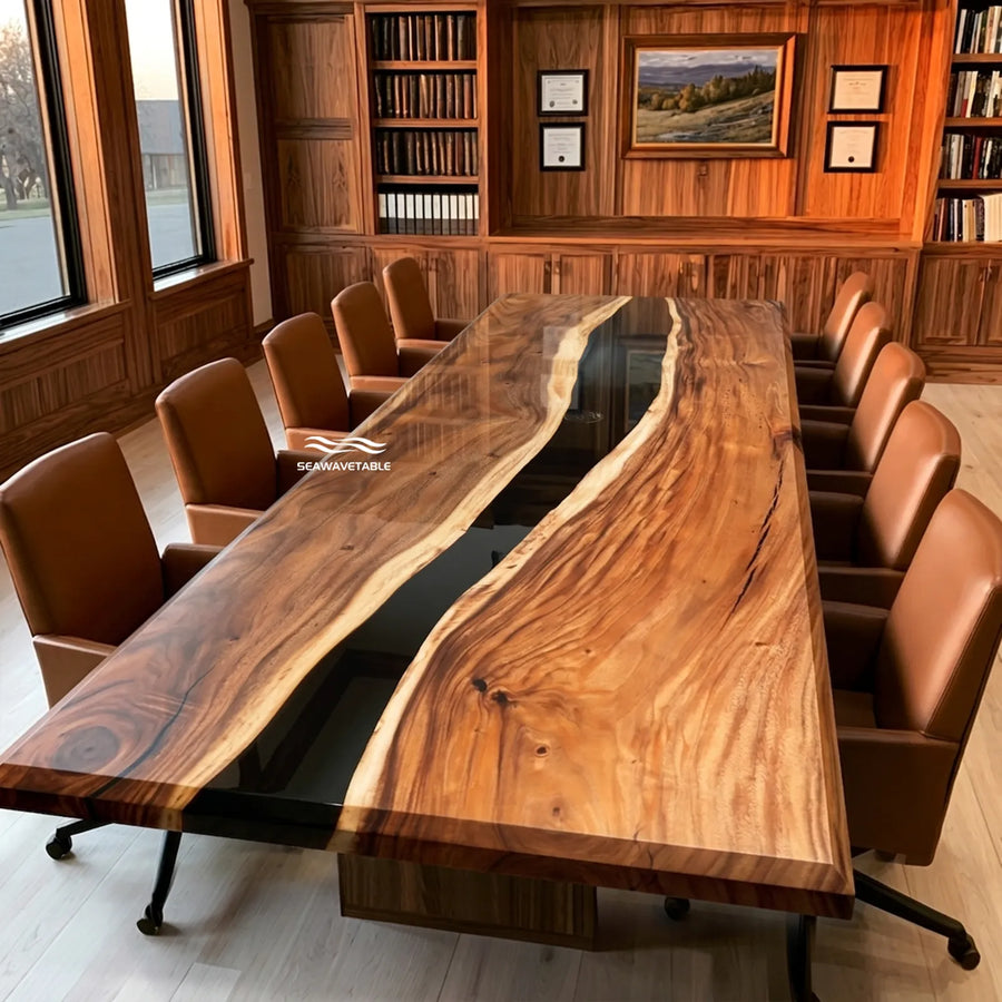 108-inch Walnut and transparent black epoxy river dining table by SeawaveTable