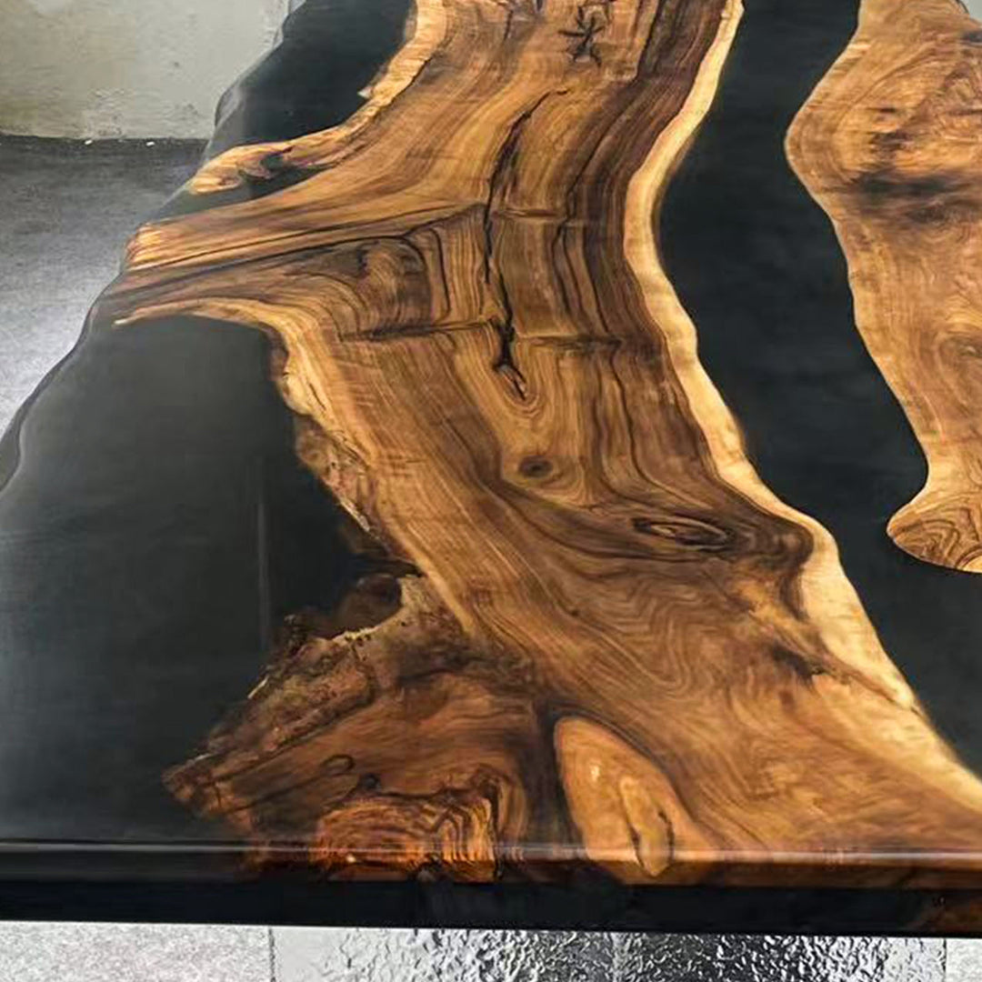 Handcrafted Black Walnut Epoxy River Table – Live Edge Matte Solid Wood Dining Table | SeawaveTable CRT-330
