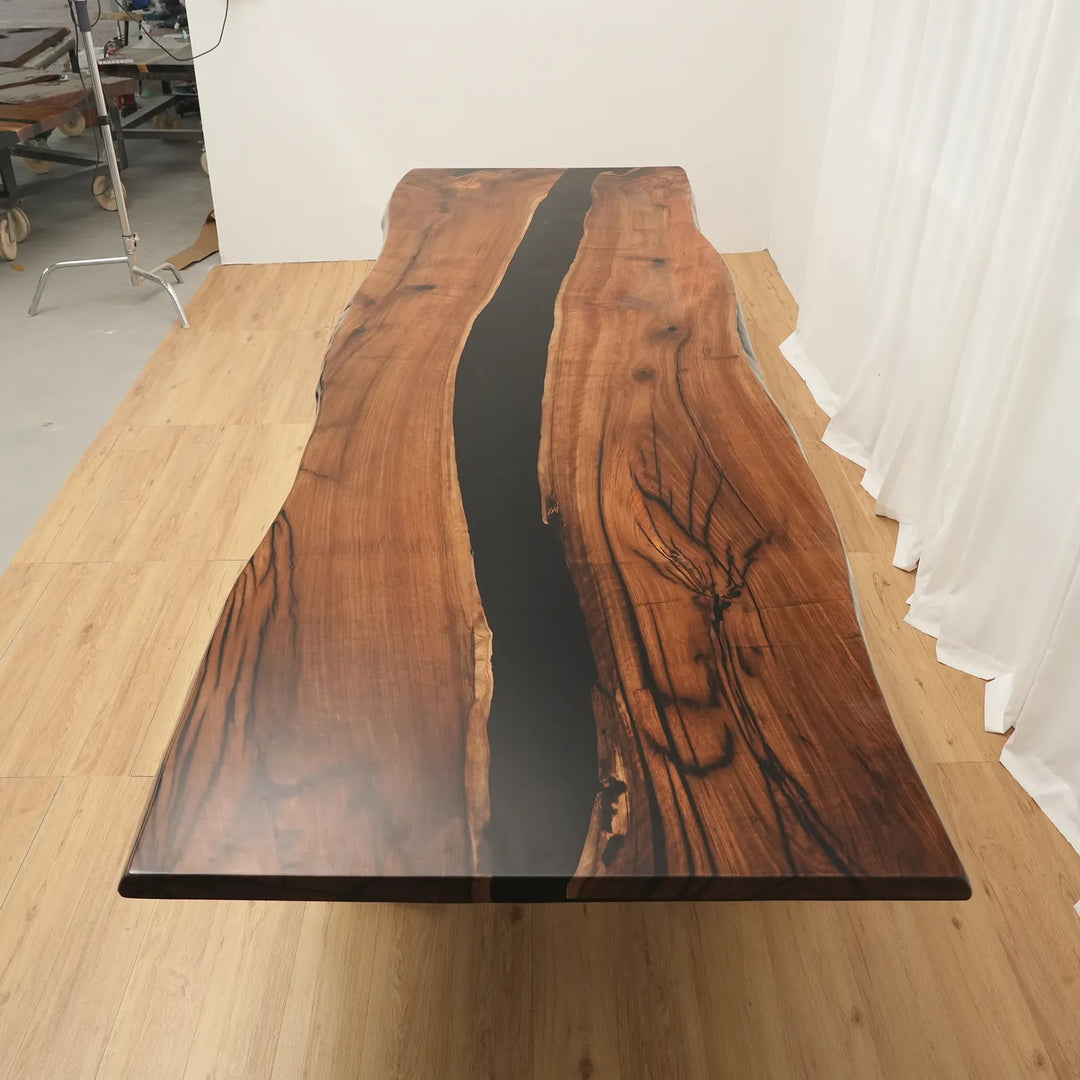 12 ft Black Walnut conference table with solid black epoxy river
