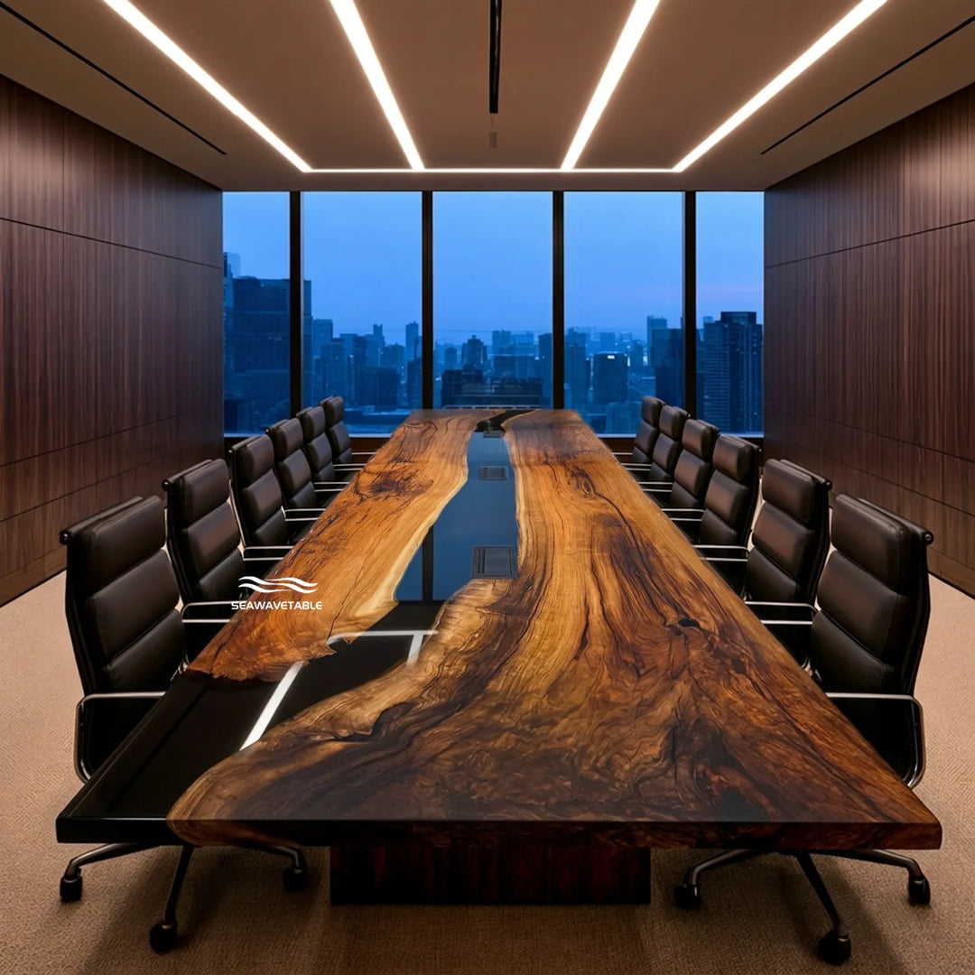 14-foot Black Walnut epoxy conference table for a large boardroom by SeawaveTable
