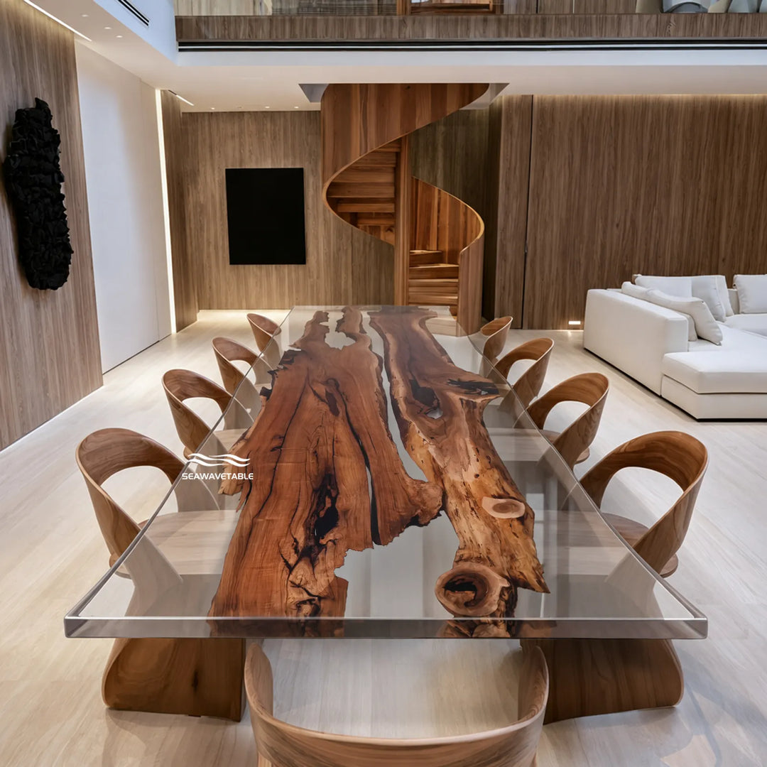 14 ft Black Walnut conference table with clear epoxy and solid wood bases