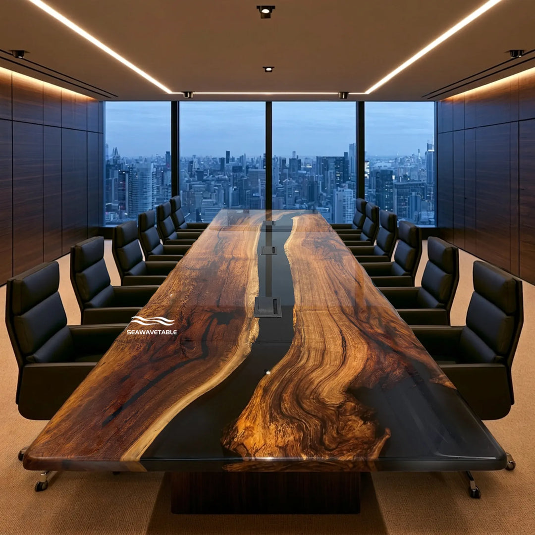 168-inch Black Walnut and glossy black epoxy live edge conference table by SeawaveTable