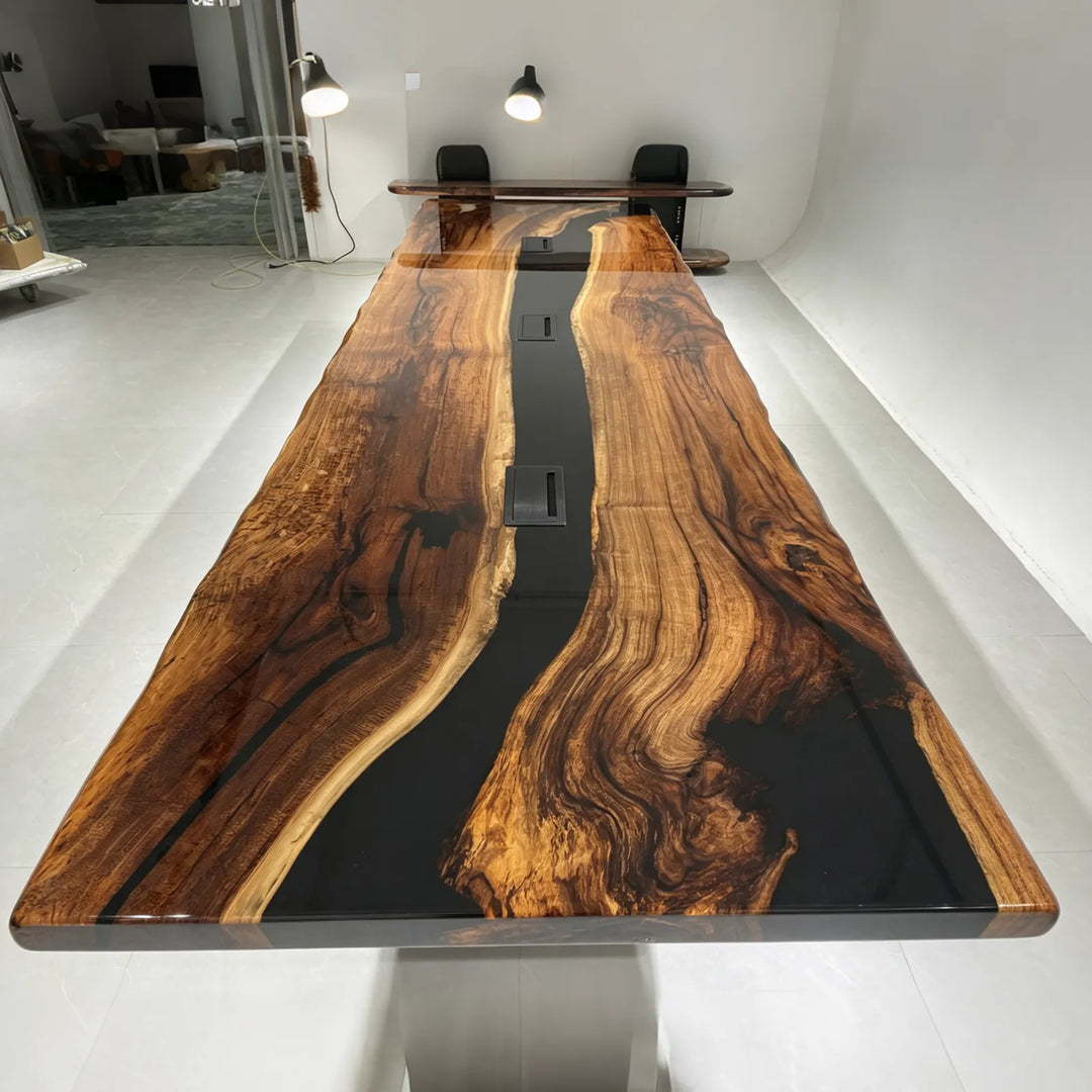 Top view of 168-inch Black Walnut and black epoxy conference table by SeawaveTable