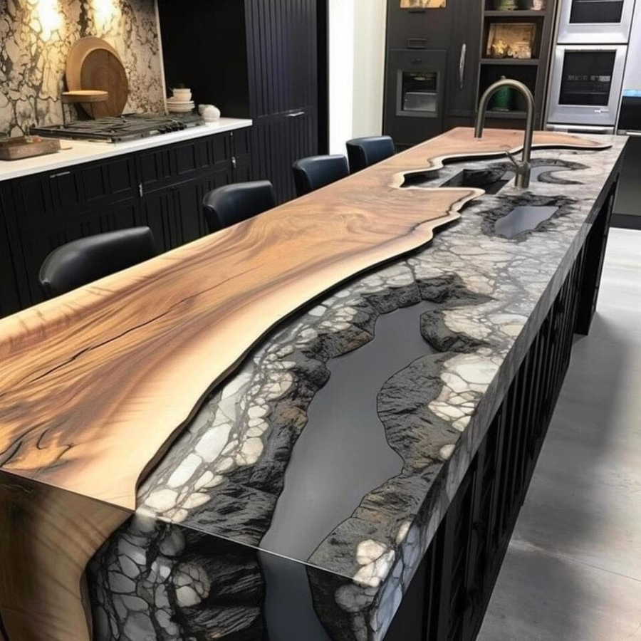 Modern kitchen with a unique countertop design featuring wood and stone textures.