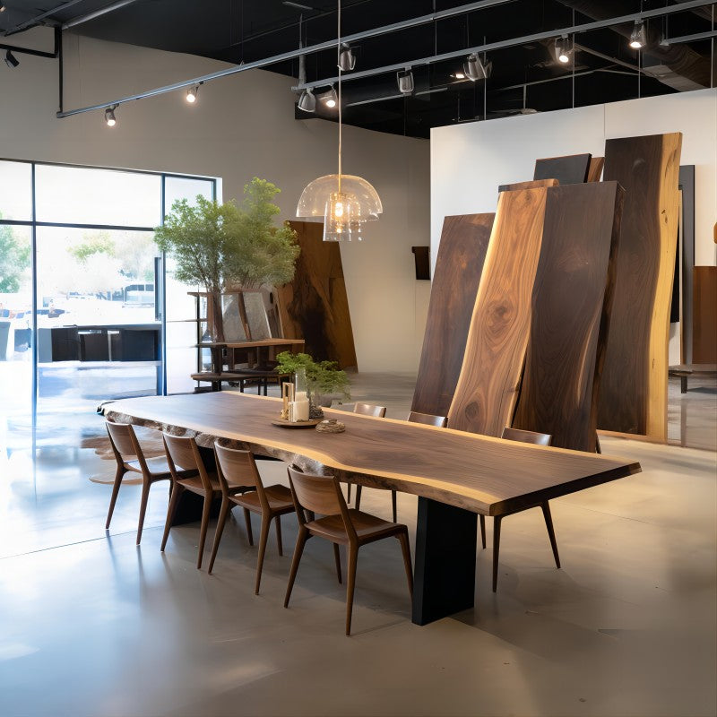 Long wooden dining table with chairs in a modern indoor setting