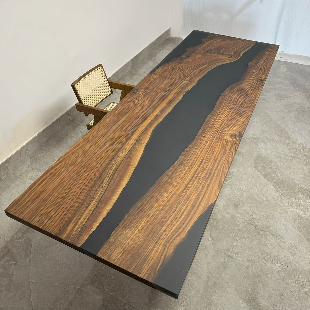 118.11" × 39.37" Black Walnut Black Epoxy Table – 2" Thick, Straight Edge, Matte Finish for Dining & Office