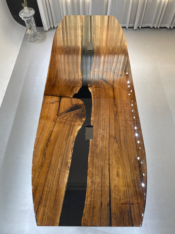 Custom 30'' x 80'' Dark Stained Wood with Black Tones Resin Table -- Black Walnut