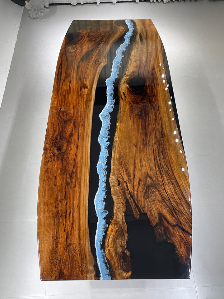 Custom 30'' x 80'' Dark Stained Wood with Black Tones Resin Table -- Black Walnut