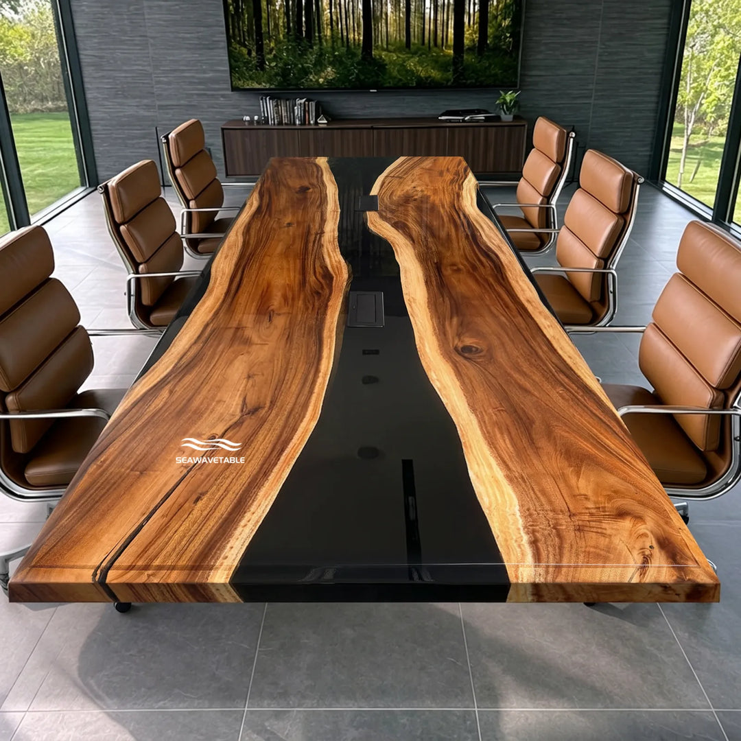 132" Black Walnut & Black Epoxy River Conference Table – In Stock