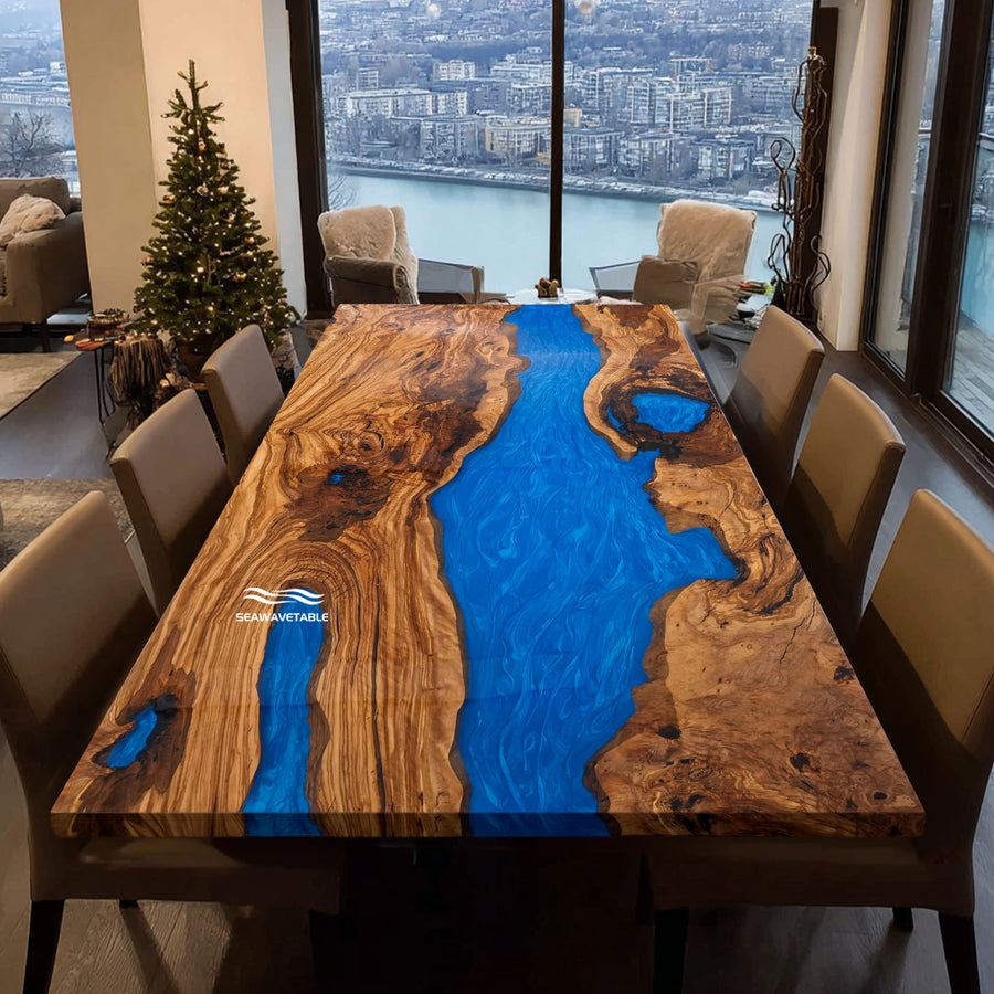Olive wood river table with Swirling Ocean Blue epoxy – CRT-246 top view