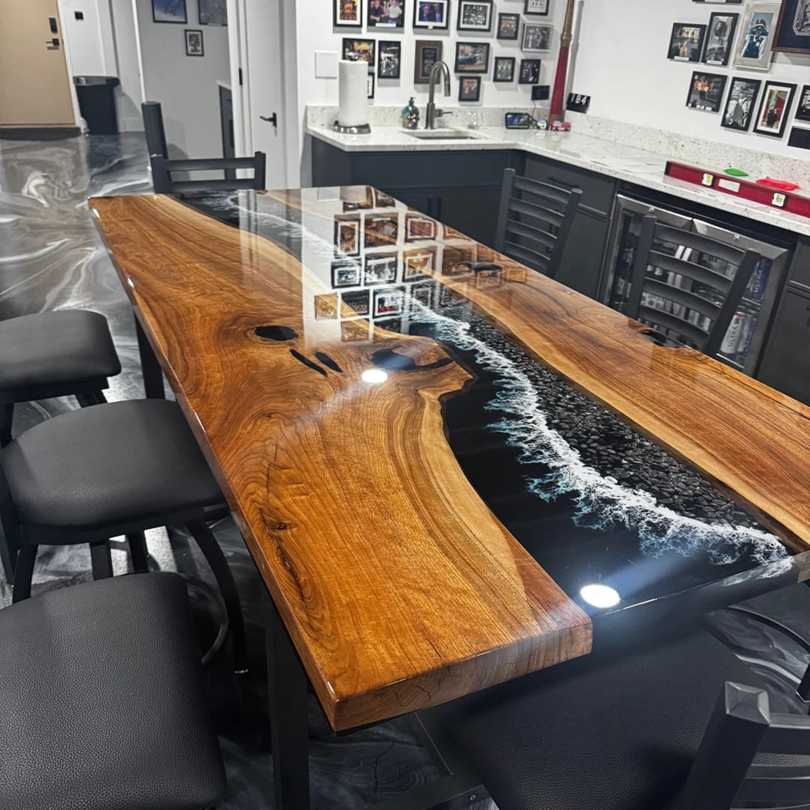Margaret’s Ocean Elegance — A Black Walnut River Table with Stone and Wave Details in Chicago, IL