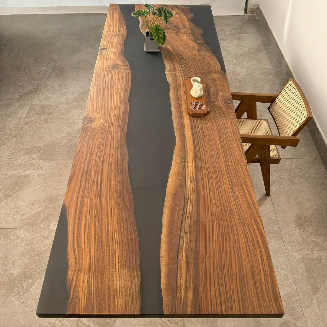 118.11" × 39.37" Black Walnut Black Epoxy Table – 2" Thick, Straight Edge, Matte Finish for Dining & Office