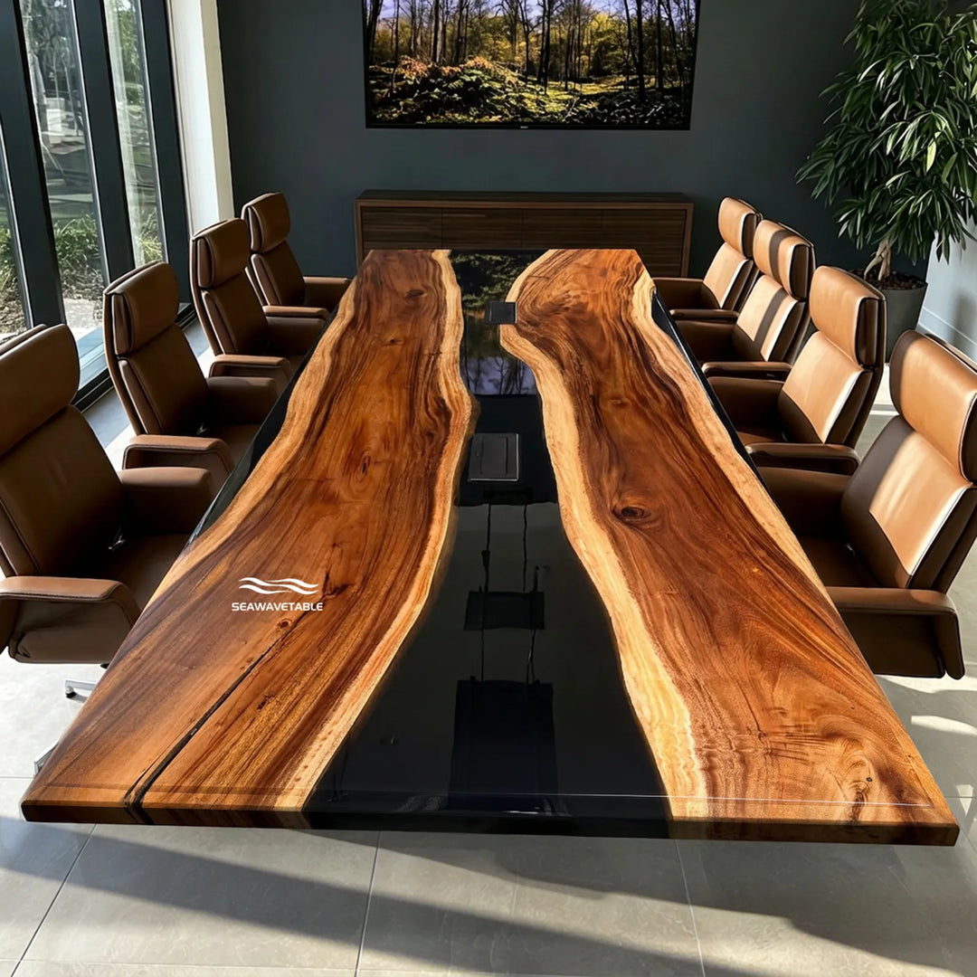 132" Black Walnut & Black Epoxy River Conference Table – In Stock