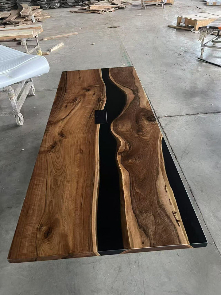 Custom 30'' x 80'' Dark Stained Wood with Black Tones Resin Table -- Black Walnut