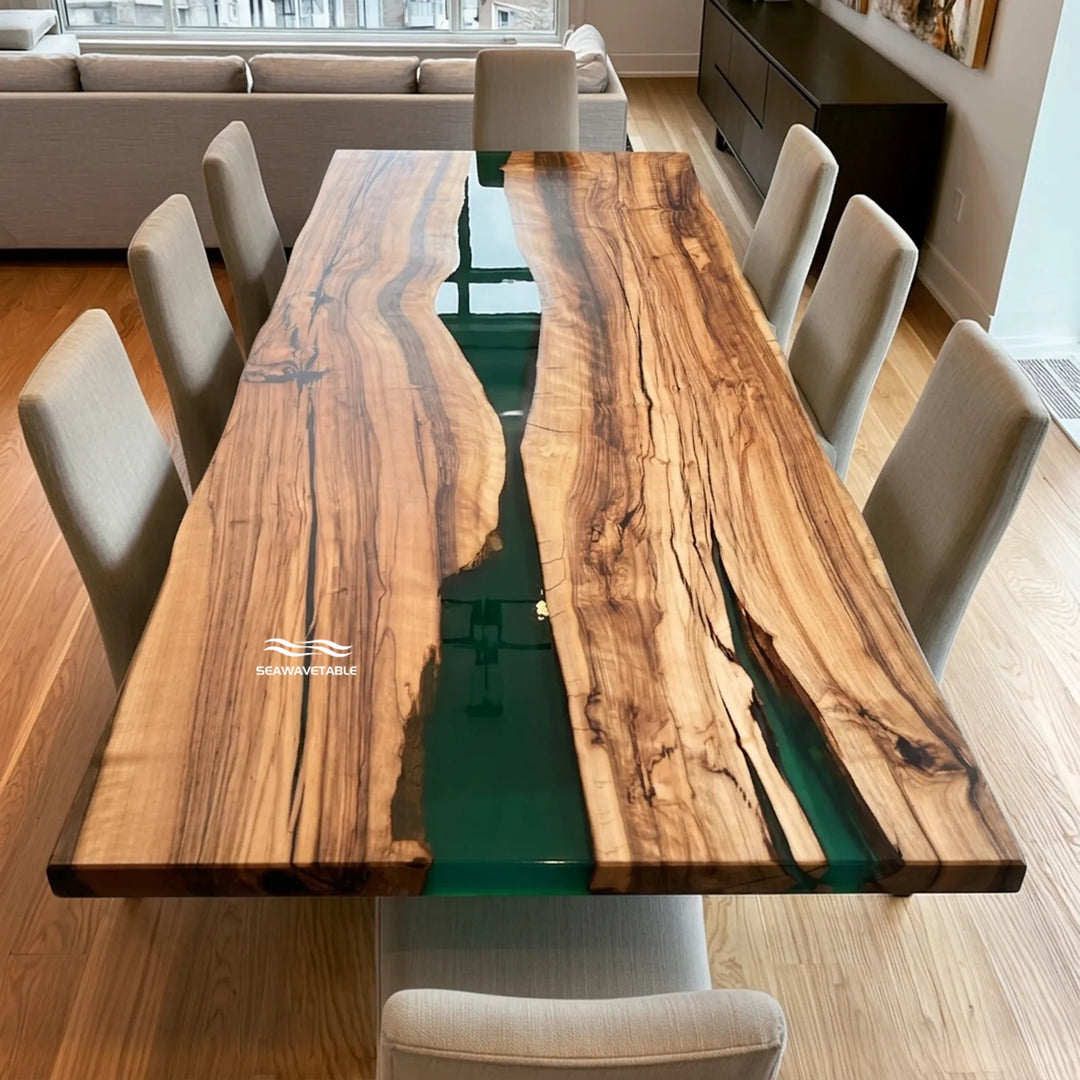 Top view of 80-inch Black Walnut and teal epoxy dining table by SeawaveTable