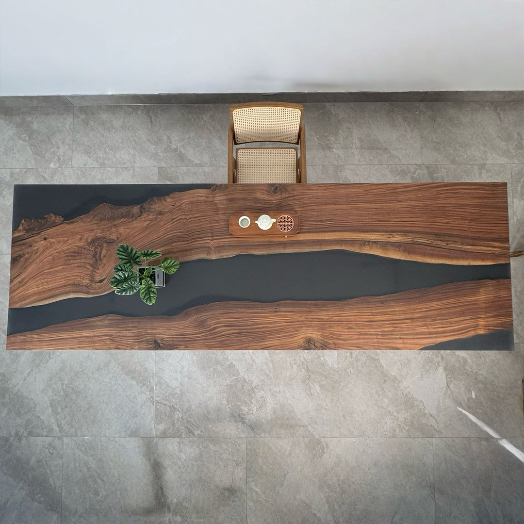 118.11" × 39.37" Black Walnut Black Epoxy Table – 2" Thick, Straight Edge, Matte Finish for Dining & Office
