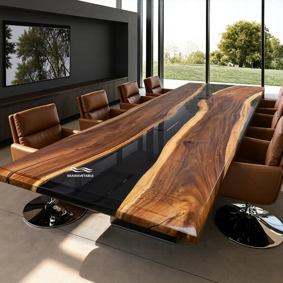 132" Black Walnut & Black Epoxy River Conference Table – In Stock