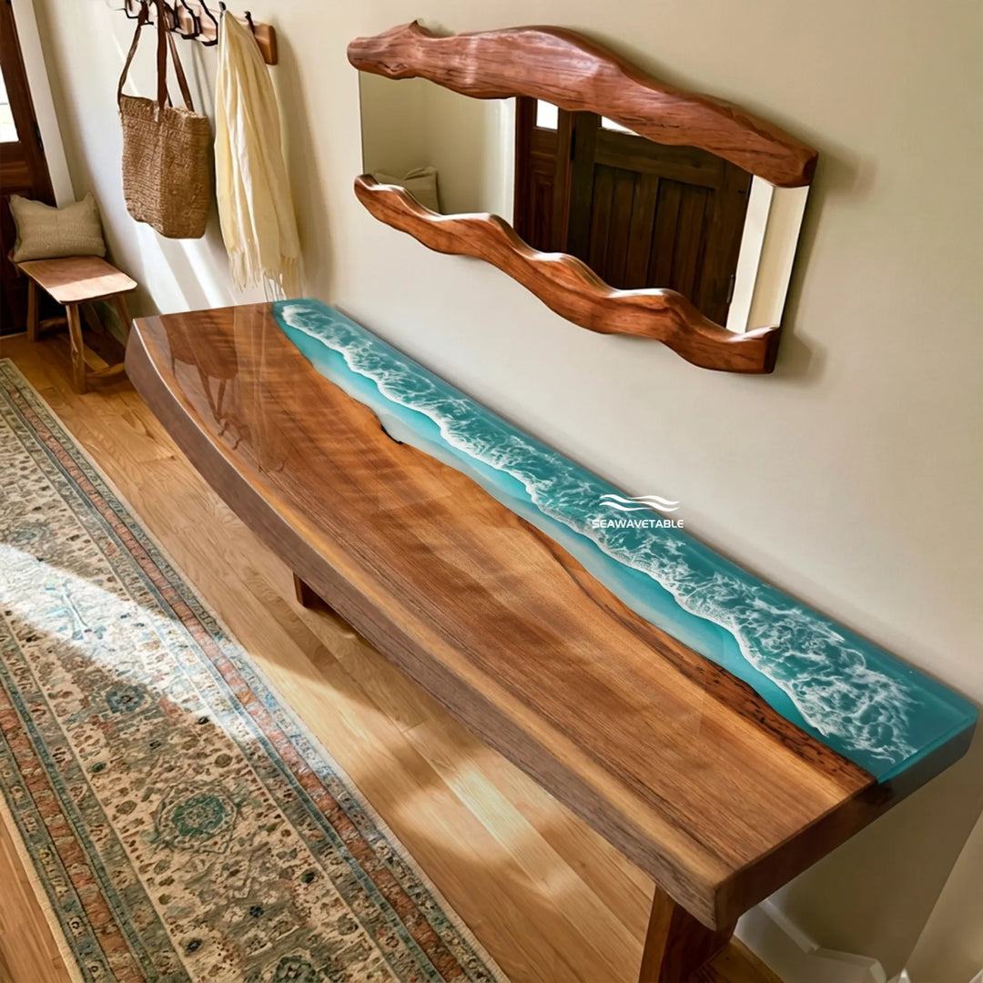 Top view of 40-inch Black Walnut ocean epoxy console table by SeawaveTable
