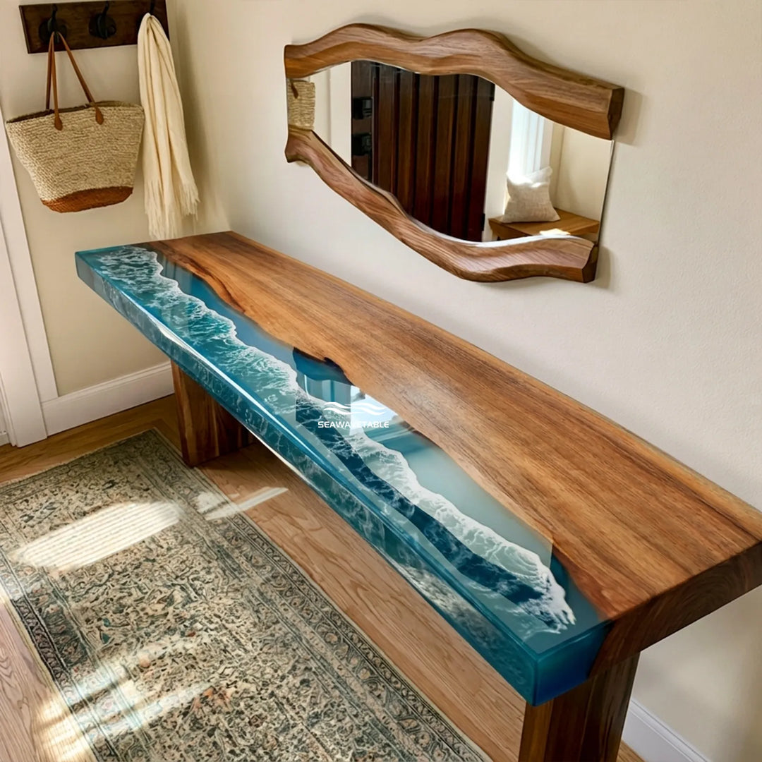 40-inch Black Walnut and ocean wave epoxy live edge console table by SeawaveTable
