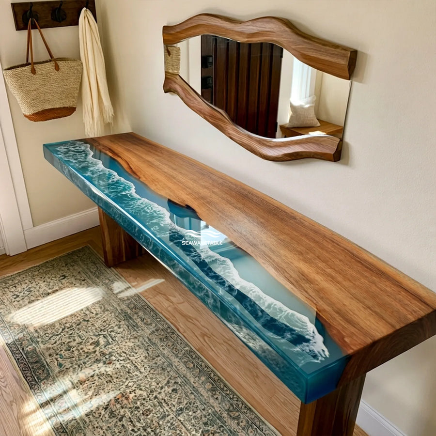 40-inch Black Walnut and ocean wave epoxy live edge console table by SeawaveTable