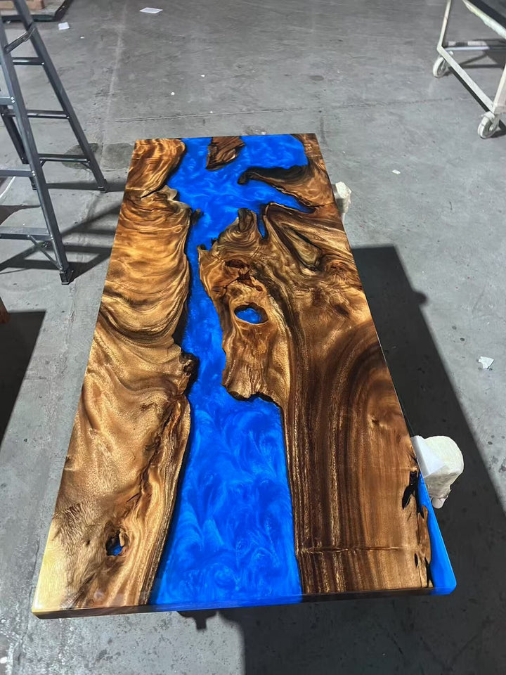 Custom Walnut Blue Epoxy River Bar Countertop – Live Edge Resin Bar Top for Luxury Home Bar