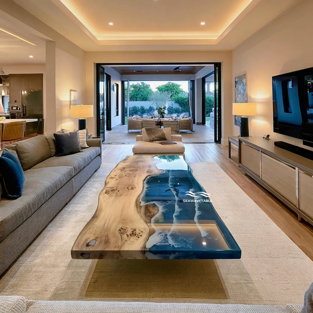 Top view of 48-inch Poplar ocean wave epoxy coffee table by SeawaveTable