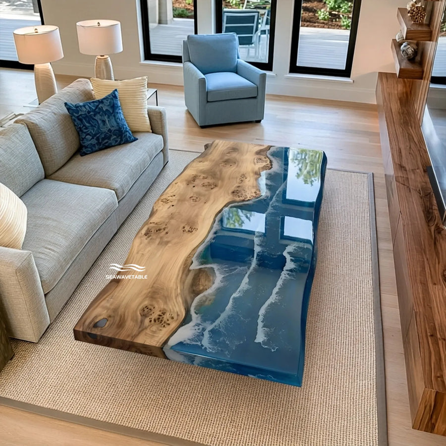 48-inch Poplar and ocean wave epoxy live edge coffee table by SeawaveTable