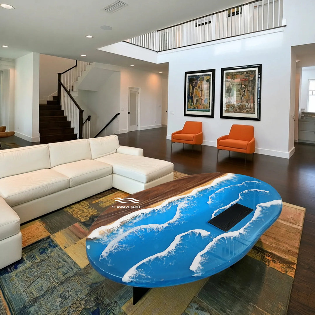 Top view of 48-inch Walnut ocean wave epoxy table by SeawaveTable