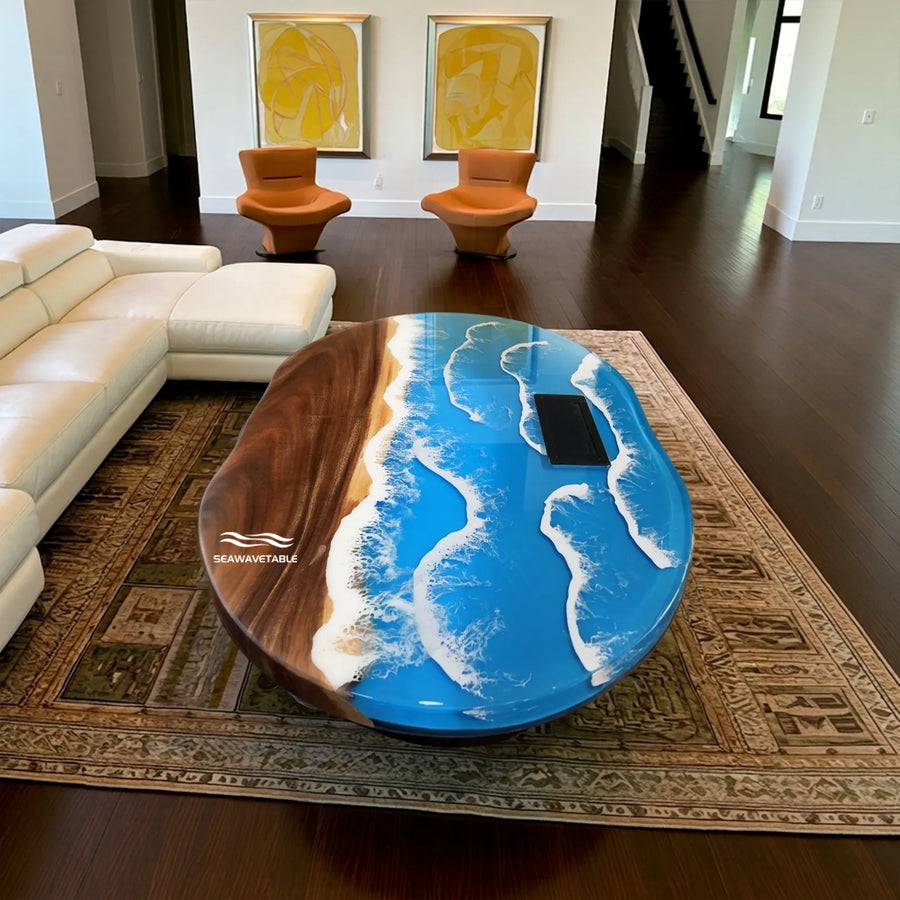 48-inch Walnut and ocean wave epoxy live edge table with built-in power by SeawaveTable