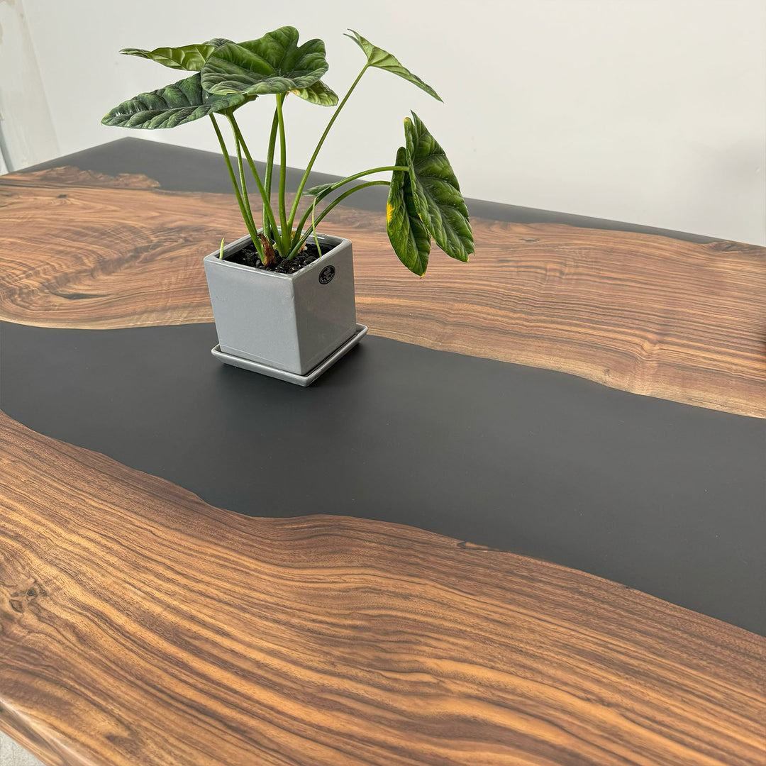118.11" × 39.37" Black Walnut Black Epoxy Table – 2" Thick, Straight Edge, Matte Finish for Dining & Office