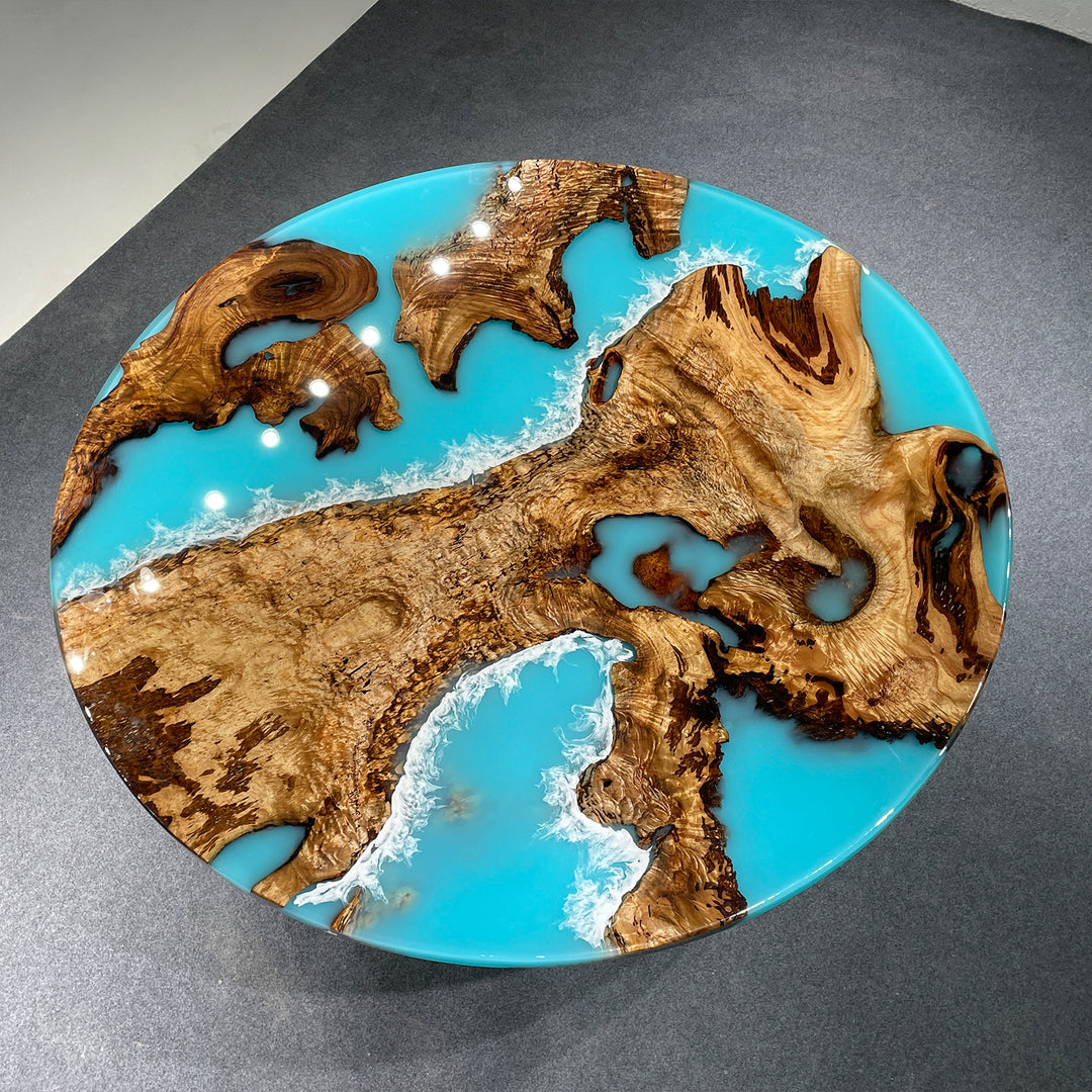 Seawavetable-Golden camphor wood table with blue epoxy ocean