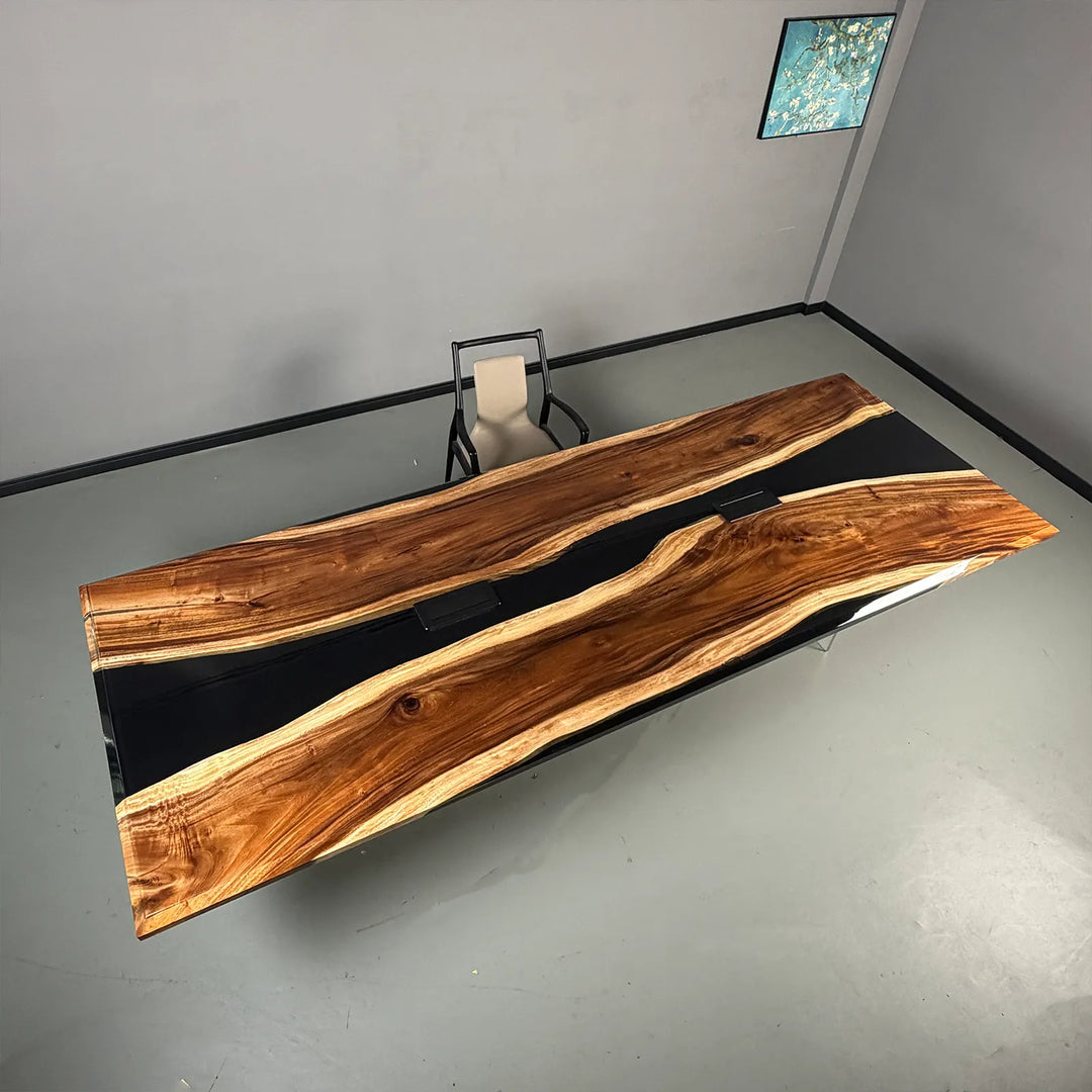 132" Black Walnut & Black Epoxy River Conference Table – In Stock