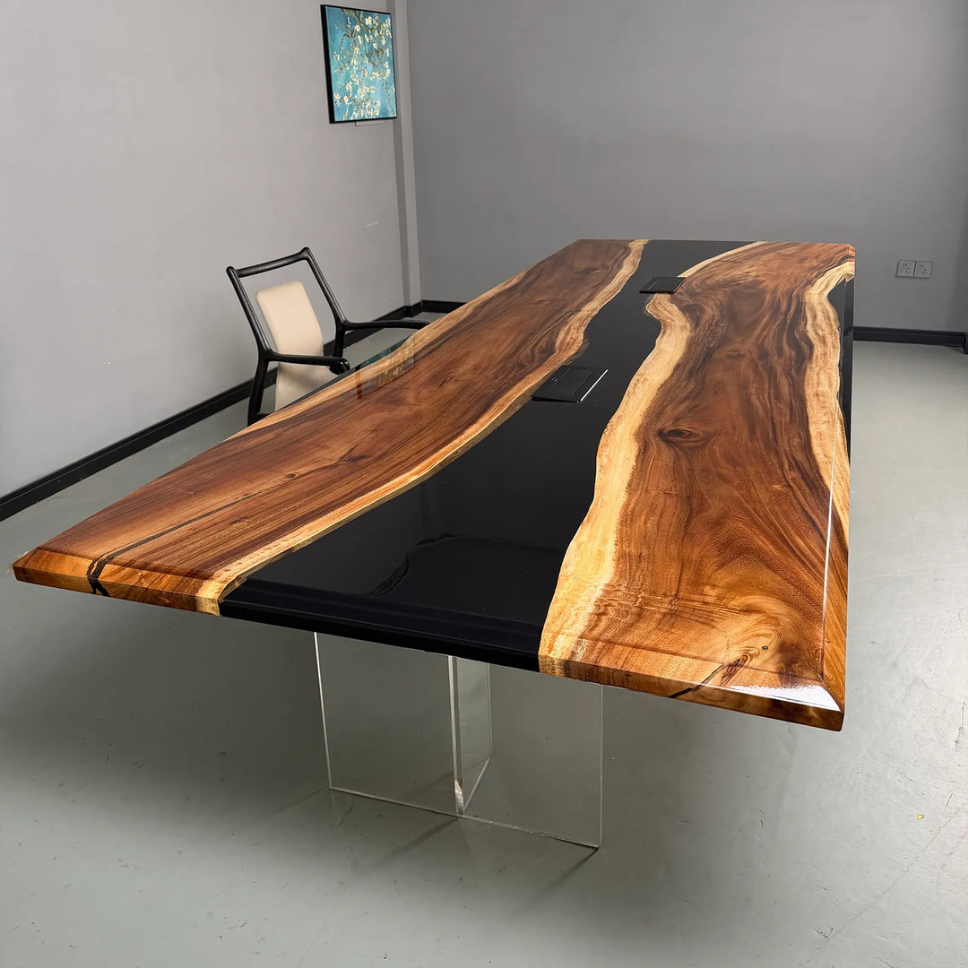 132" Black Walnut & Black Epoxy River Conference Table – In Stock
