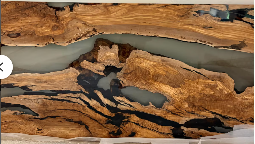 Custom 48x96" Olive Wood Smokey Grey Epoxy Resin Tables (Set of 2) with Clear Acrylic Legs