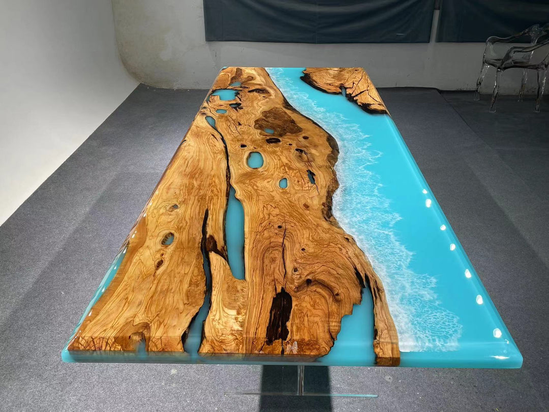 Custom Olive Wood Ocean Serenity Epoxy Dining Table – 48" × 72" Boat-Shaped Table with WTL26 Wooden Base