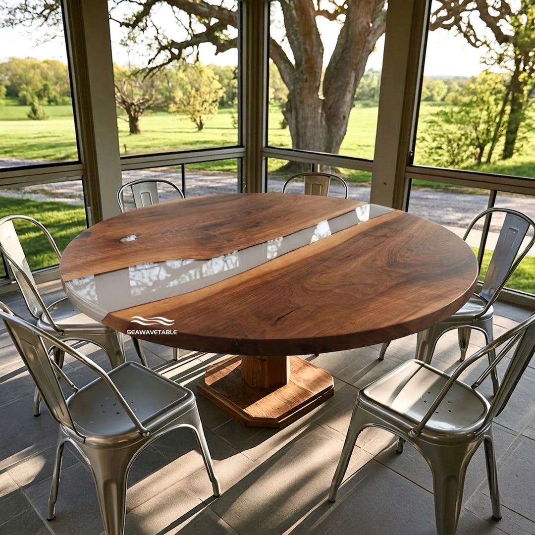 Top view of 60 inch round Black Walnut epoxy dining table by SeawaveTable