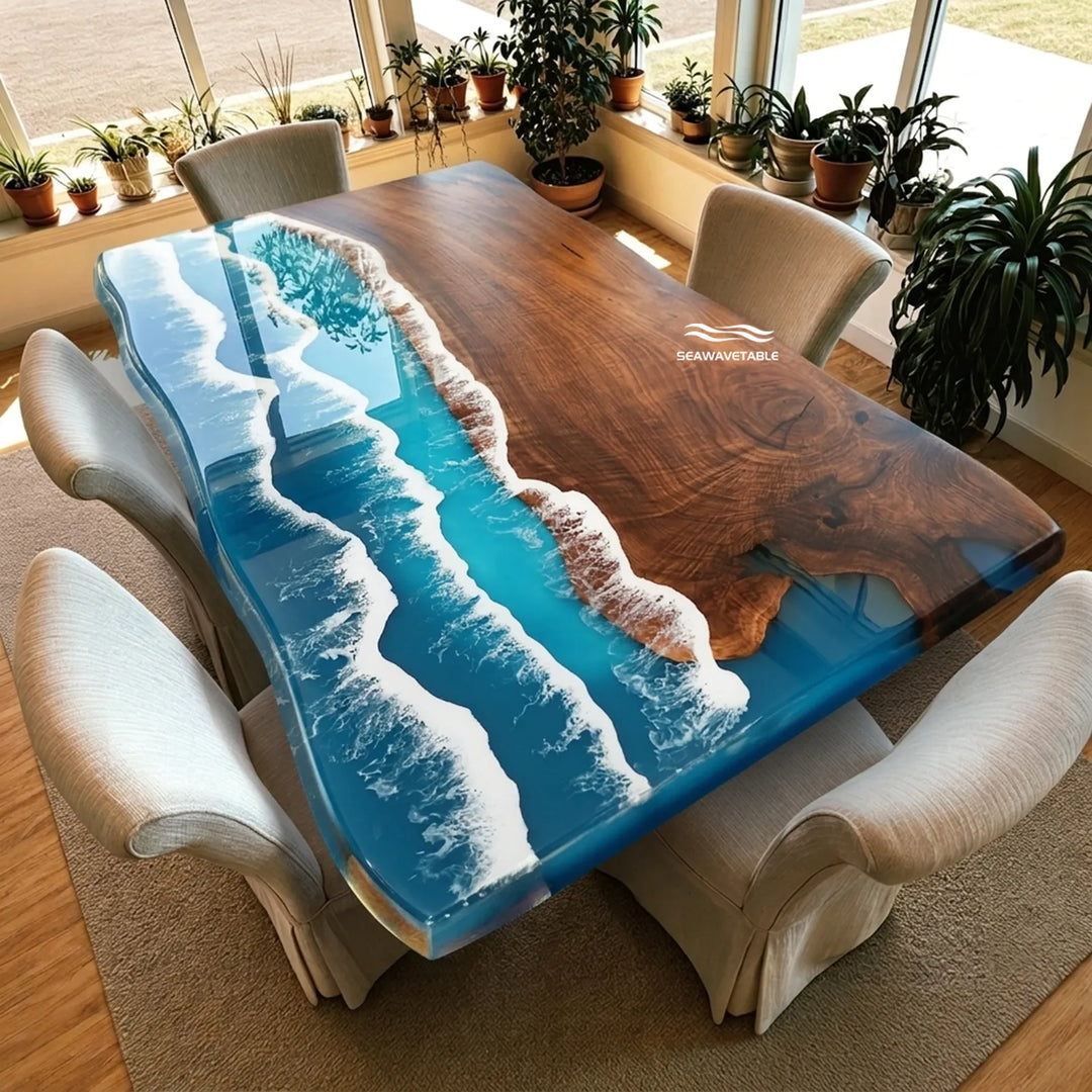 Top view of 60-inch Black Walnut ocean wave epoxy dining table by SeawaveTable
