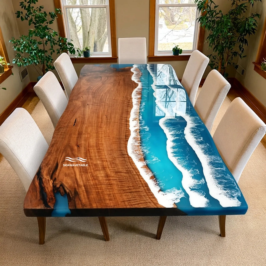60-inch Black Walnut and ocean wave epoxy live edge dining table by SeawaveTable