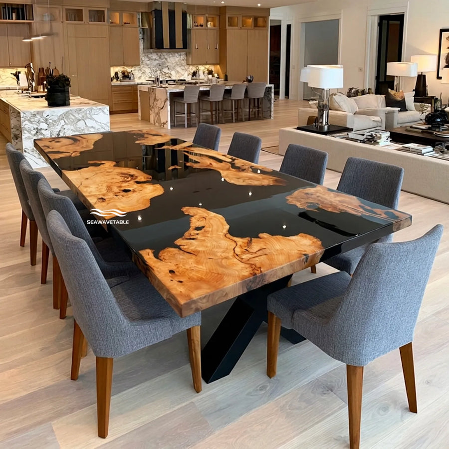 60-inch Cunninghamia and black epoxy dining table by SeawaveTable