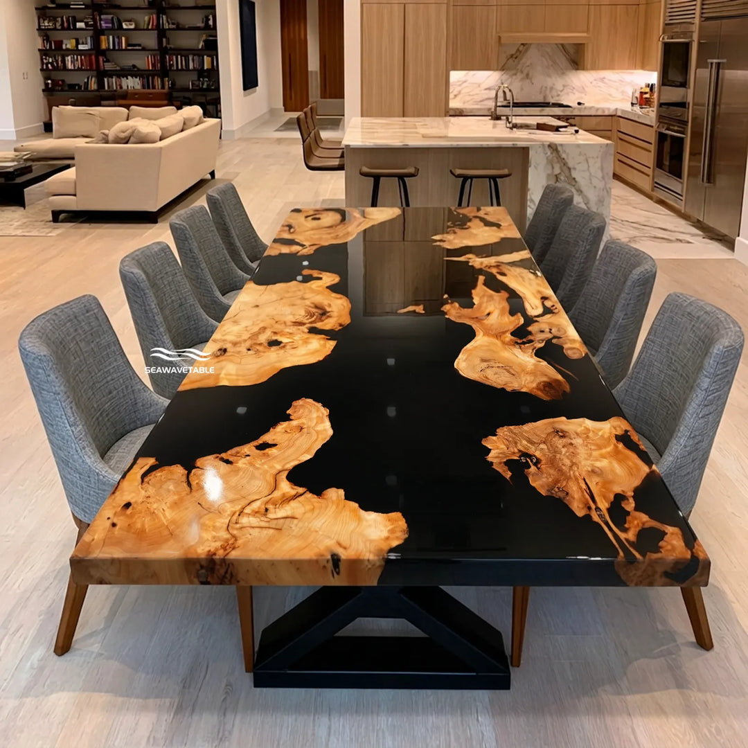 Top view of 60-inch Cunninghamia and black epoxy dining table by SeawaveTable