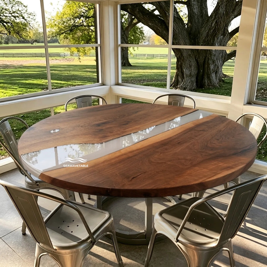 60 inch round Black Walnut and Smoky Gray epoxy dining table by SeawaveTable