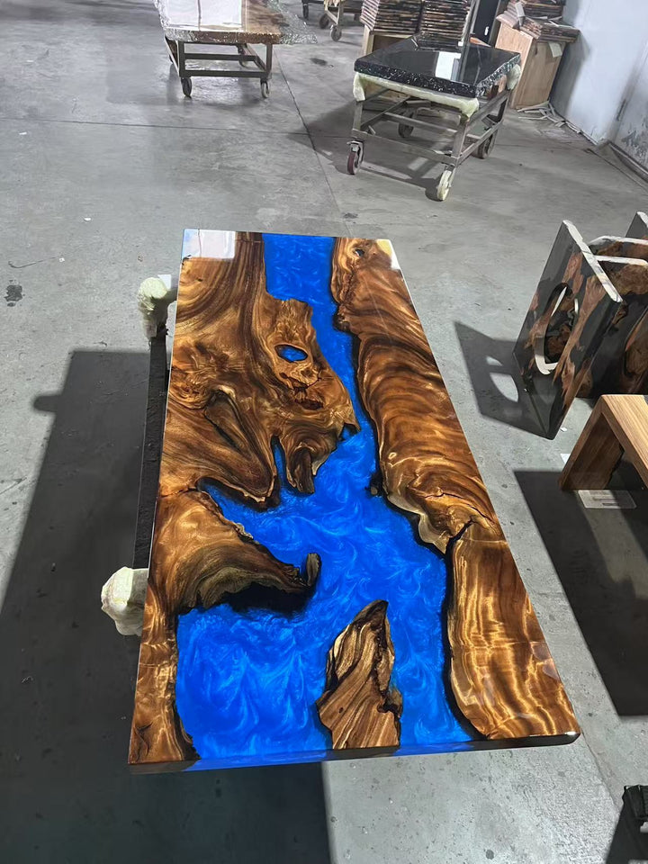 Custom Walnut Blue Epoxy River Bar Countertop – Live Edge Resin Bar Top for Luxury Home Bar