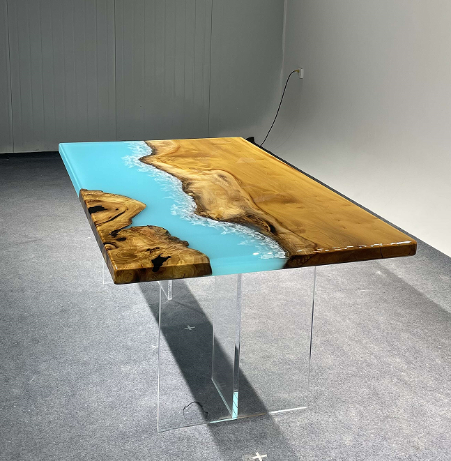Custom CRT-082 Oval Live Edge Black Walnut Soft Satin Ocean Serenity Epoxy Table 84” L × 40” W