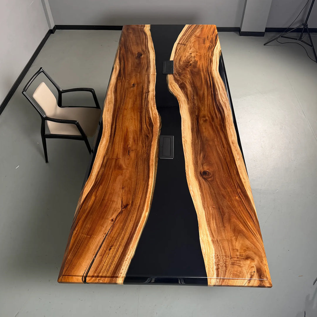 132" Black Walnut & Black Epoxy River Conference Table – In Stock