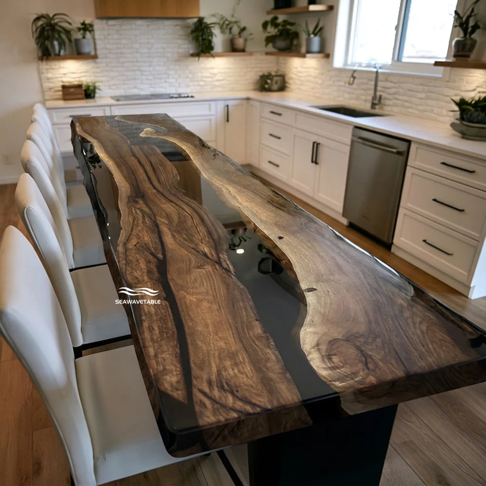 70 inch Black Walnut and transparent black epoxy console table by SeawaveTable
