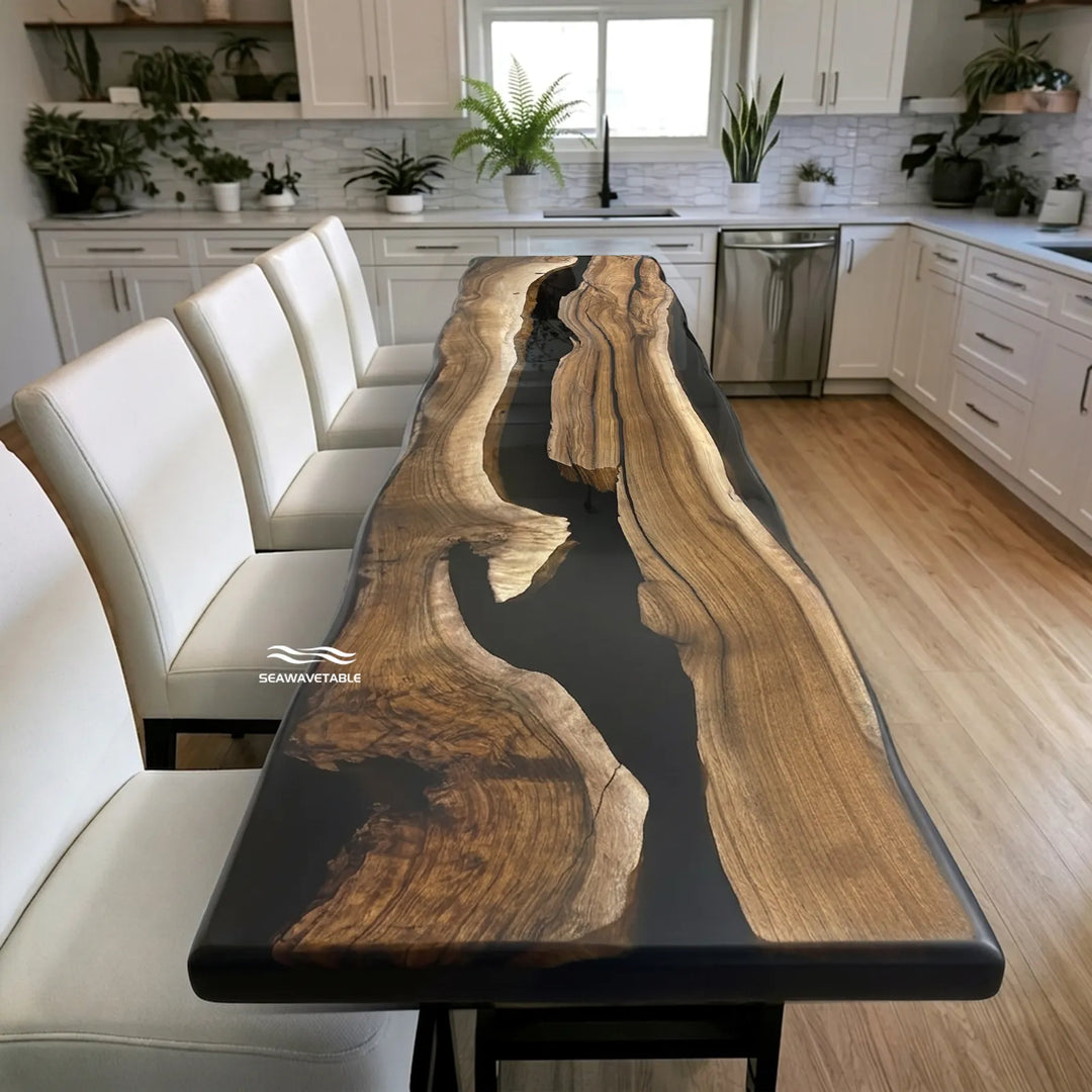 Top view of 70 inch Black Walnut epoxy table by SeawaveTable