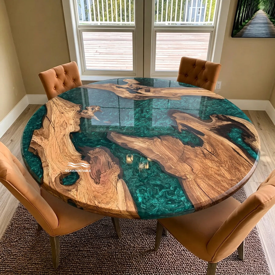 70 inch round Olive Wood dining table with Emerald Green epoxy resin