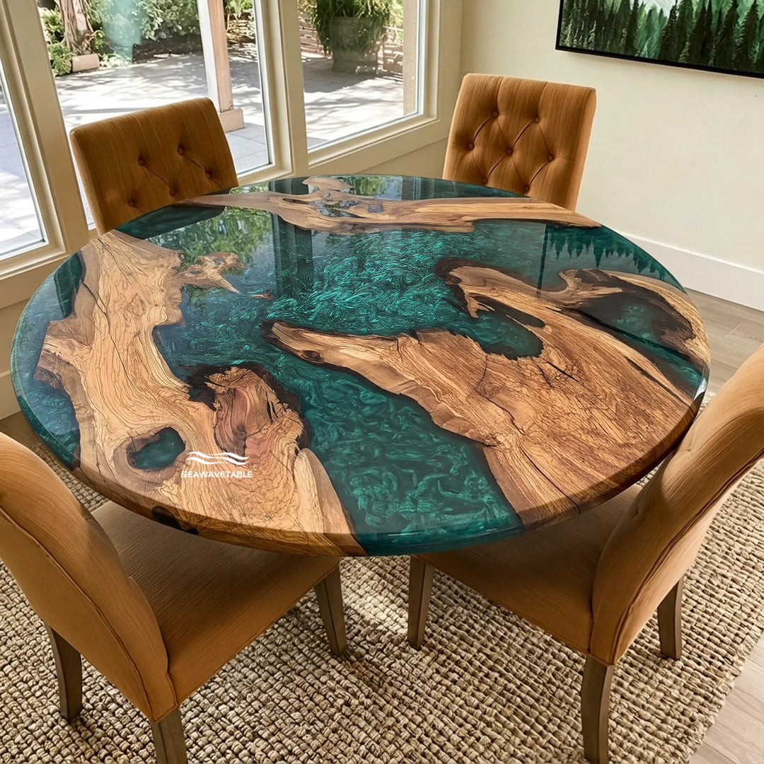 Top view of 70 inch round Olive Wood epoxy dining table