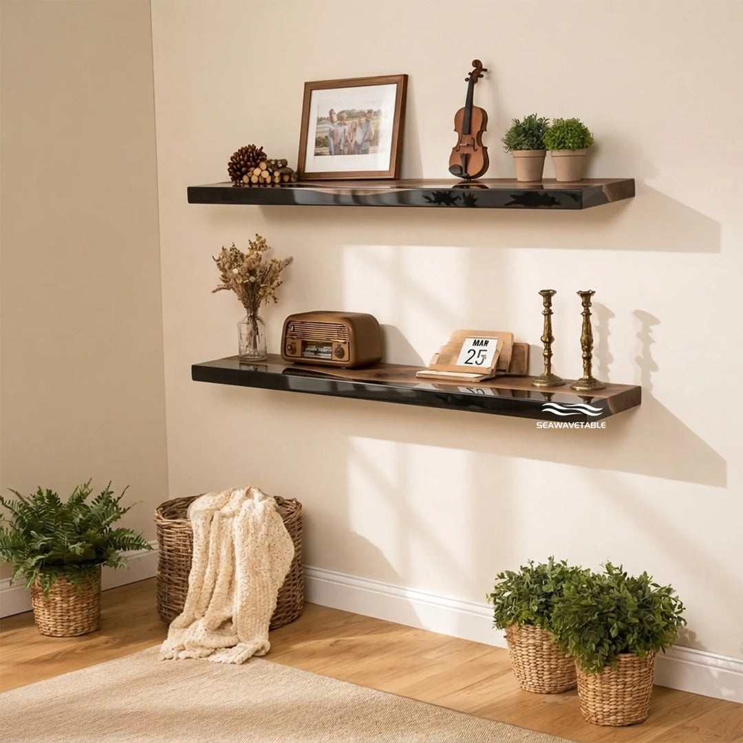 72-inch Black Walnut and black silver epoxy floating shelf by SeawaveTable