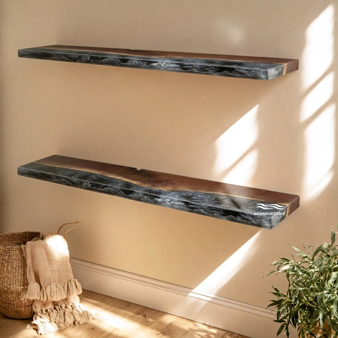 Front view of 72-inch Black Walnut epoxy floating shelf by SeawaveTable